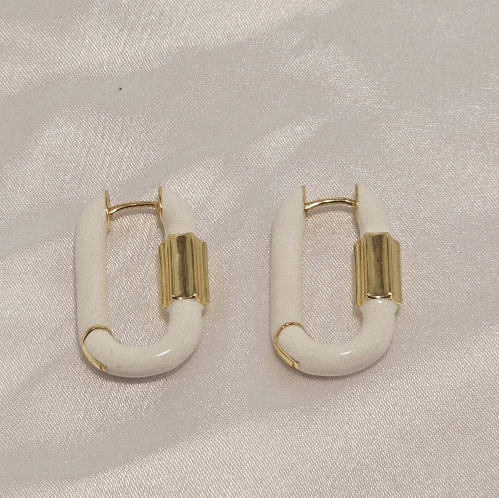 F+H Hoop Earrings 18k Goldplated Hand-painted White Enamel 30mm New